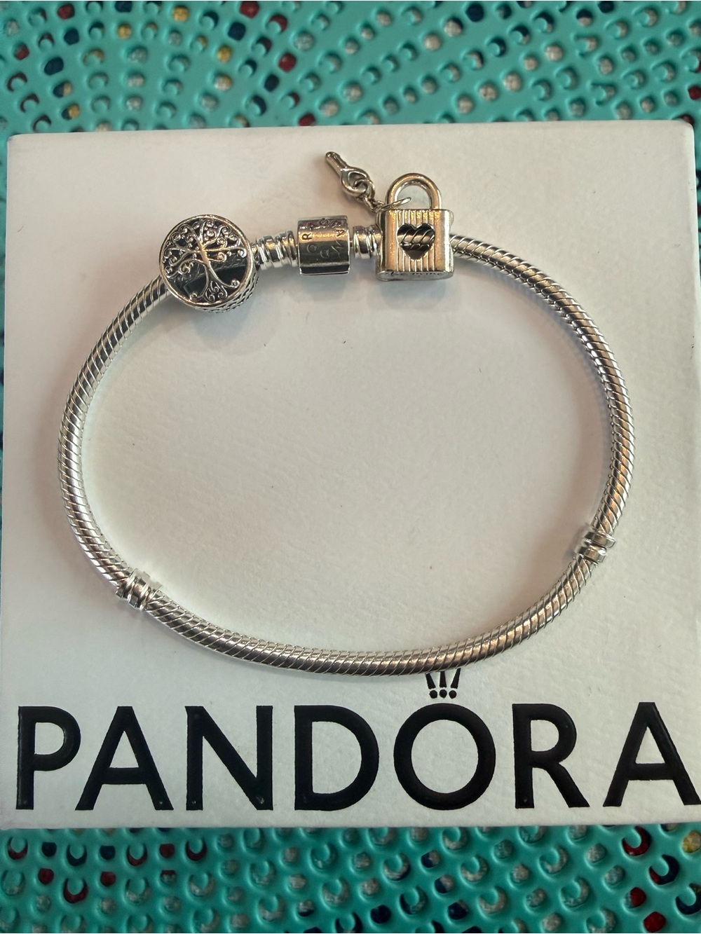 Pandora Silver Snake Chain Bracelet with Tree of Life and Padlock Charms